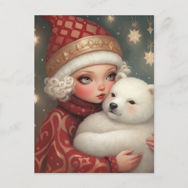 Girl Hugger en Polar Bear, Cute Fantasy Art Helg Vykort (Framsida)