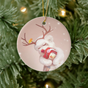 Girl Hugger Hund i Reindeer Antlers Julgransprydnad Keramik