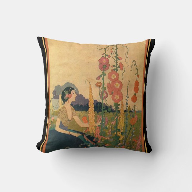 "Girl in a Blomsterträdgård" Art Deco Dekorativ ku Kudde (Framsida)