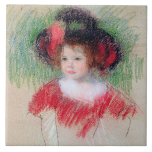 Girl in Big Bonnett and Red Dress, Mary Cassatt Kakelplatta