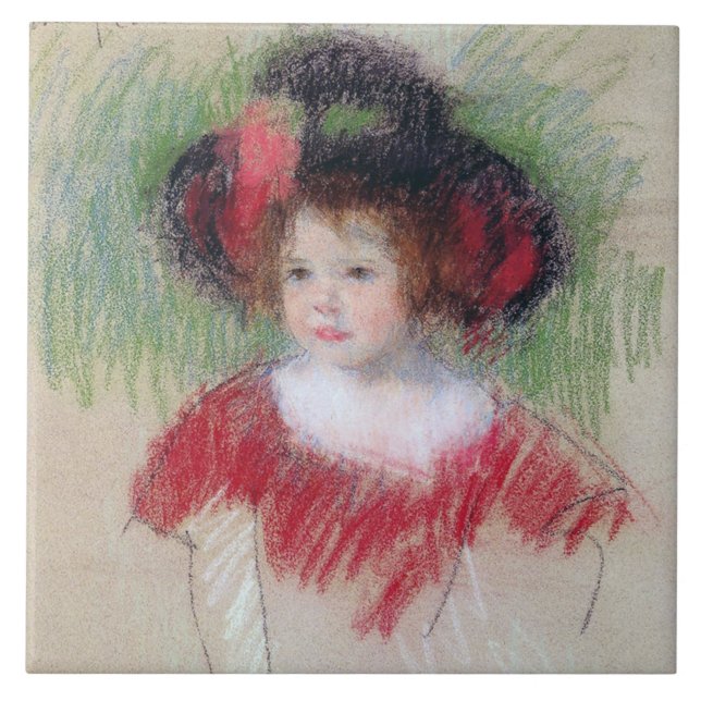 Girl in Big Bonnett and Red Dress, Mary Cassatt Kakelplatta (Framsidan)