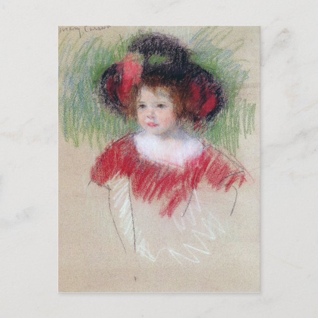 Girl in Big Bonnett and Red Dress, Mary Cassatt Vykort (Framsida)