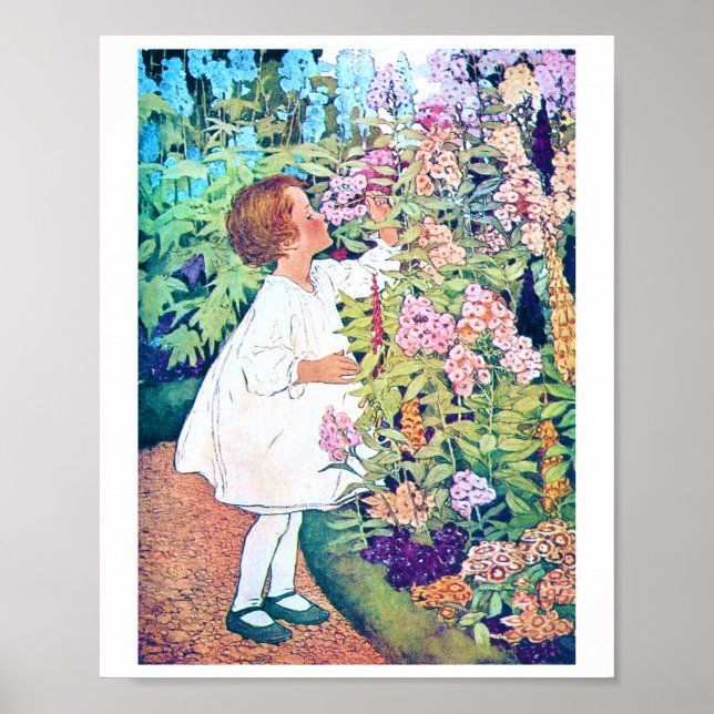 Girl in Blomsterträdgård, Jessie Willcox Smith Poster (Framsidan)