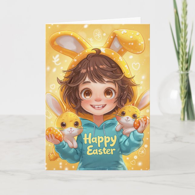 Girl in Bunny Ear Hoodie Påsk Card Kort (Framsida)