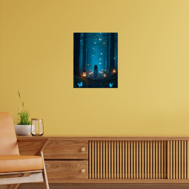 Girl in Enchanted Forest with Glowing Butterflies Poster (Vardagsrum 2)
