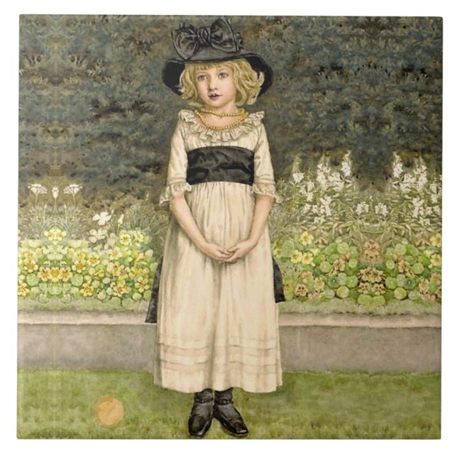 Girl in Garden Kate Greenaway Kakelplatta (Framsidan)