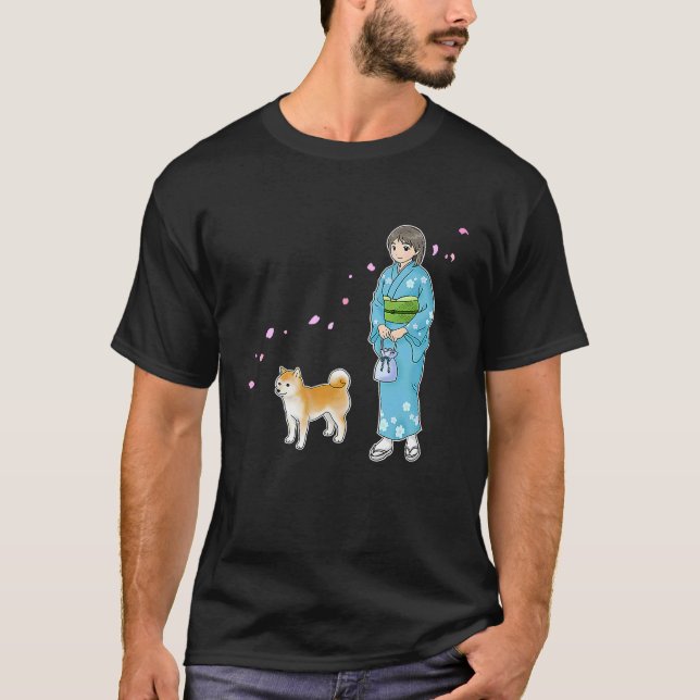 Girl In Kimono & A Shiba Inu Enjoying A Breath Of  T Shirt (Framsida)
