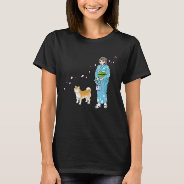 Girl In Kimono & A Shiba Inu Enjoying A Breath Of  T Shirt (Framsida)