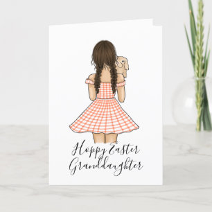 Girl in Orange Gingham Play Carriage Pet Bunny Helgkort