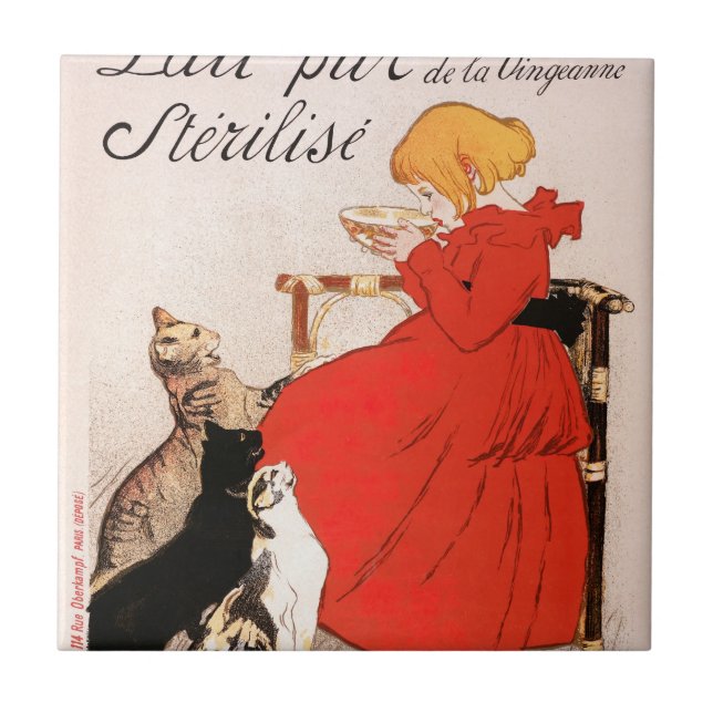 Girl in Red Dress Drinking Milk Steinlen Poster Kakelplatta (Framsidan)