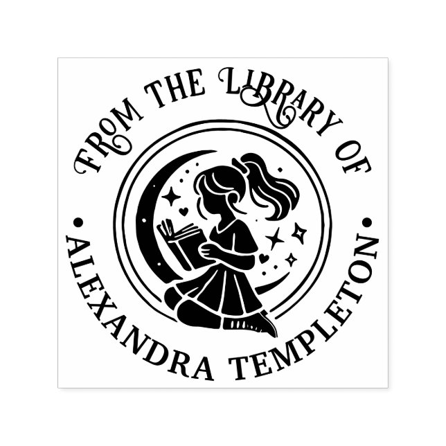 Girl in Window Reading, Stars Måne Bok Namn Självfärgande Stämpel (Design)