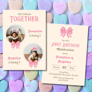 Girl Joint Birthday Cute Rosa Bow Pearl Photo Inbjudningar