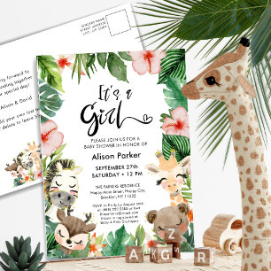Girl Jungle Safari Tropical Greenery Baby Shower Inbjudan Vykort