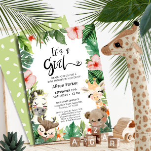 Girl Jungle Safari Tropical Greenery Baby Shower Inbjudningar