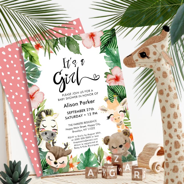 Girl Jungle Safari Tropical Greenery Baby Shower Inbjudningar (Skapare uppladdad)