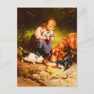Girl Kittens and Retriever Hund Drinking Mjölk Helg Vykort