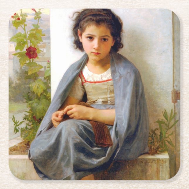 Girl Knitting, Bouguereau Underlägg Papper Kvadrat (Framsidan)