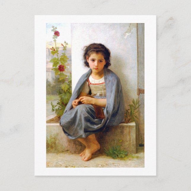 Girl Knitting, Bouguereau Vykort (Framsida)