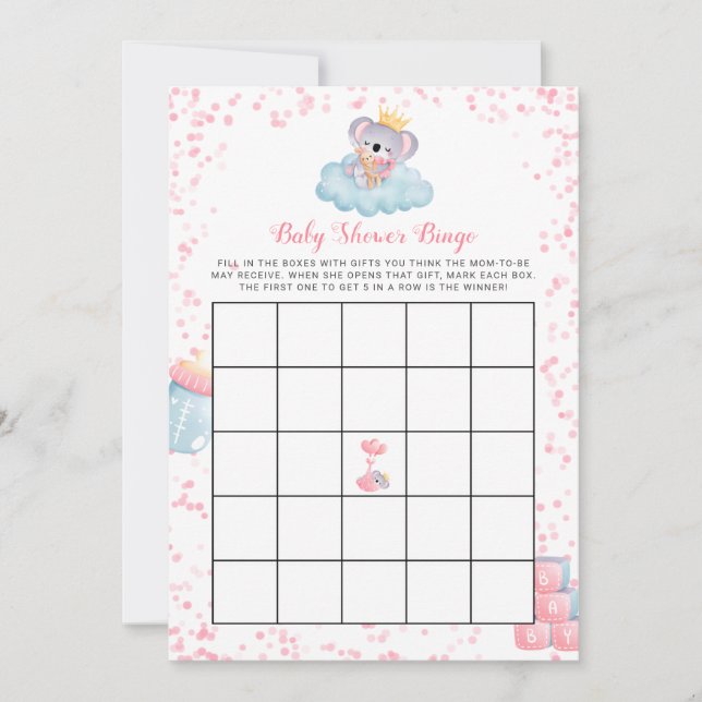 Girl Koala Bear Baby Shower Bingo Card Inbjudningar (Framsida)