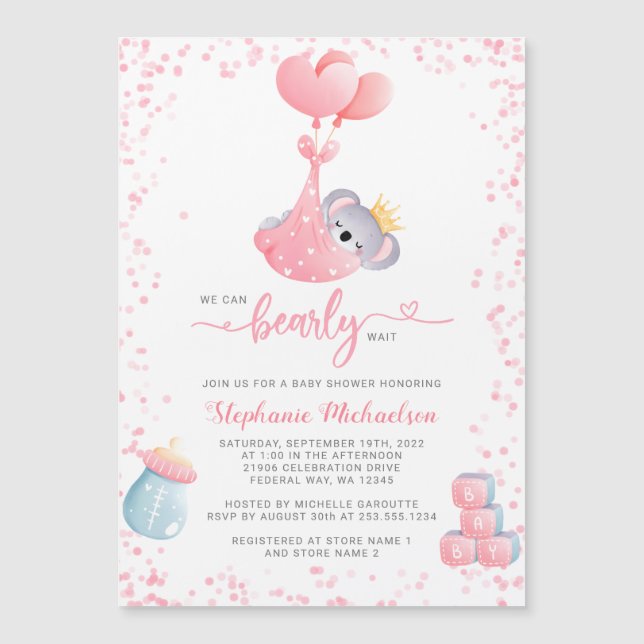 Girl Koala Bear Baby Shower-inbjudan Magnet (Framsida)