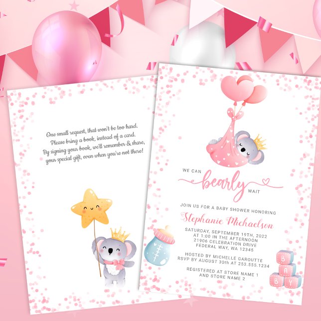 Girl Koala Bear med Bok Request Baby Shower Inbjudningar (Girl Koala Bear with Book Request Baby Shower Invitation)