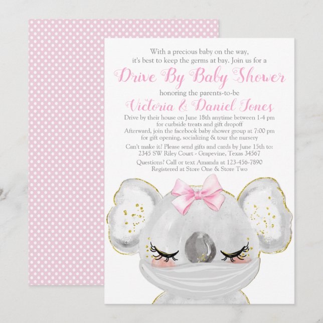 Girl Koala with Mask Drive by Baby Shower Inbjudningar (Fram/baksida)