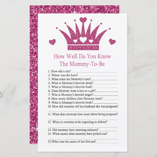 Girl Krona Hur bra vet du om babyduschspel? (Fram/baksida)