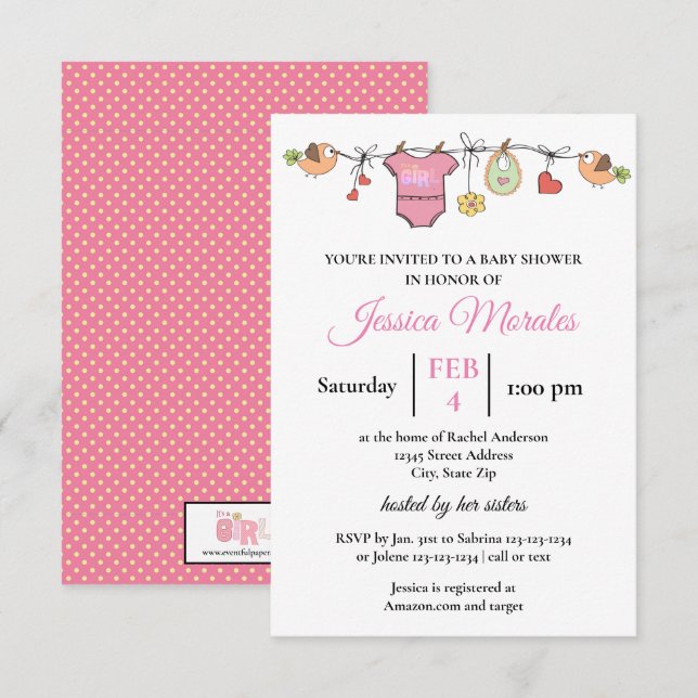 Girl Laundry - 3x5 Baby Shower Inbjudan (Fram/baksida)