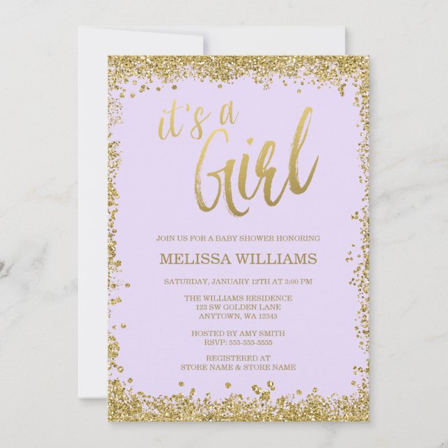 Girl Lilac Lila Faux Guld Glitter Baby Shower Inbjudningar (Framsida)