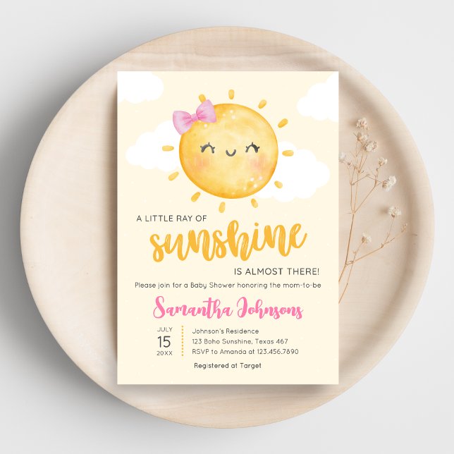 Girl Little Ray of Sunshine Baby Shower Inbjudningar (Little Ray of Sunshine Boho Baby Shower Invitation)