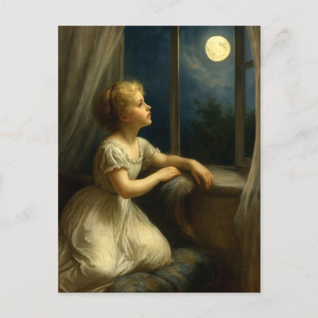 Girl Looking At A Full Moon Through Window Vykort (Framsida)