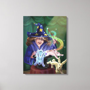 Girl Magician Pulls Rabbits från Hat Canvastryck