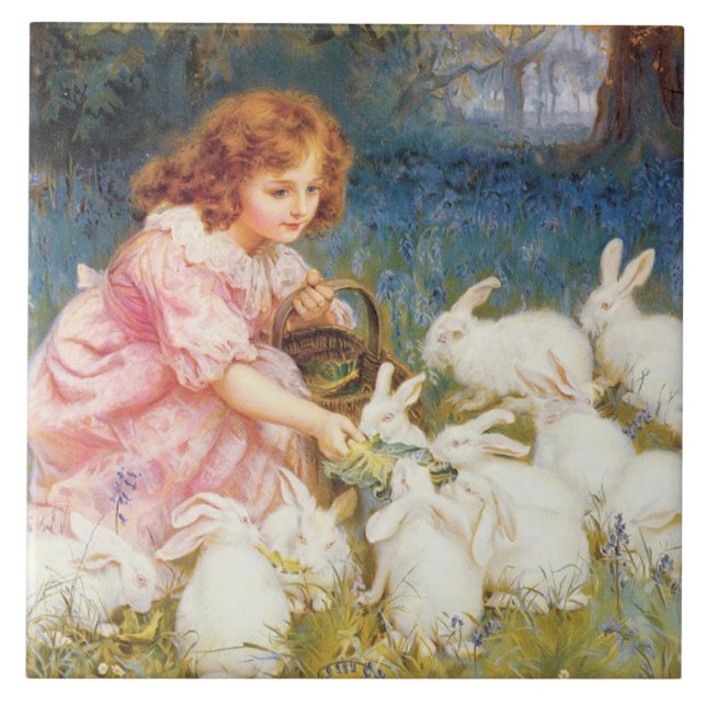 Girl Matande kaniner (av Frederick Morgan) Kakelplatta (Framsidan)