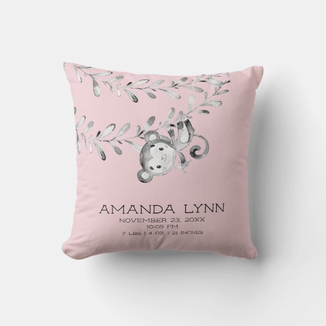 GIRL Monkey Baby Birth Stats Pillow Kudde (Framsida)