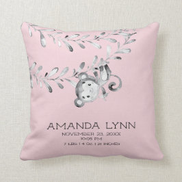 GIRL Monkey Baby Birth Stats Pillow Kudde
