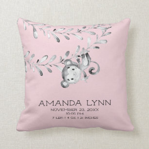GIRL Monkey Baby Birth Stats Pillow Kudde