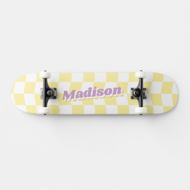 Girl Namn Gult White Checker Mönster Retro Mini Skateboard Bräda 18,5 Cm (Horz)