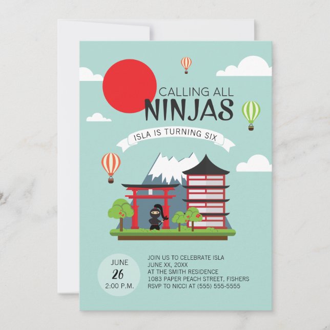 Girl Ninja Födelsedagsfest inbjudan - japanska (Framsida)