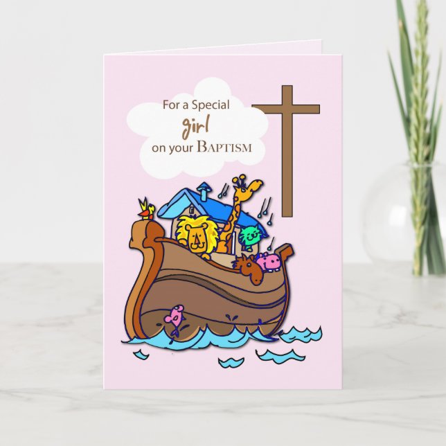 Girl Noahs Ark Baptism, Cute Animals Kort (Framsida)