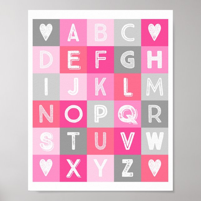 Girl Nursery Decor Alphabet Rosa Grått Poster (Framsidan)