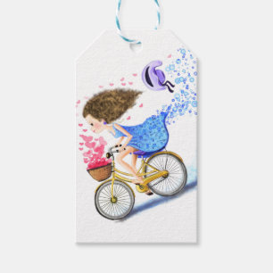 Girl on A Bike Gift Märkres Romantic Kärlek Hearts Presentetikett