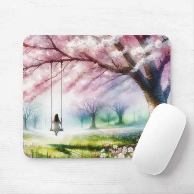 Girl on a Swing in Cherry Blommars Musmatta (Med mus)