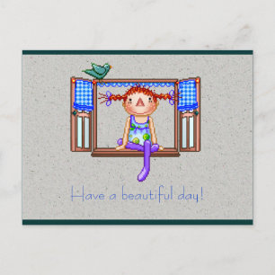 Girl on a Window Sill Pixel Art Vykort