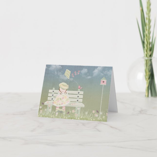Girl on Bench Bird and Kite Kort (Framsida)