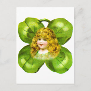 Girl on Giant Shamrock Vintage St patrick's day Vykort