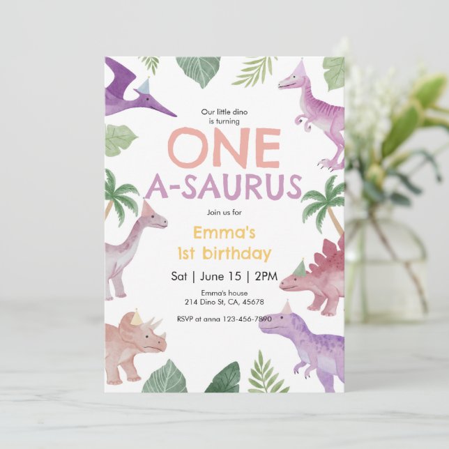 Girl One A Saurus Dinosaur 1st Birthday Invitation Inbjudningar (Stående Fram)