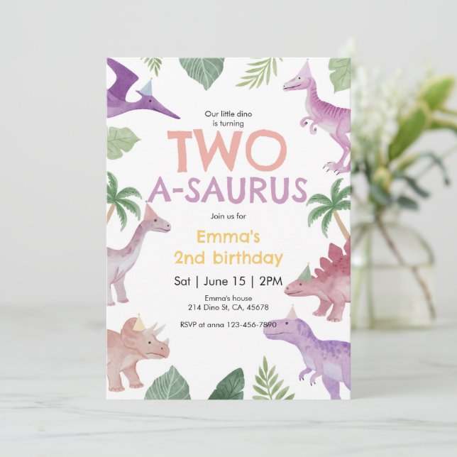 Girl One A Saurus Dinosaur Birthday Invitation Inbjudningar (Stående Fram)