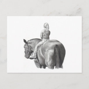GIRL PÅ HORSEBACK: PENCIL ART: REALISM VYKORT