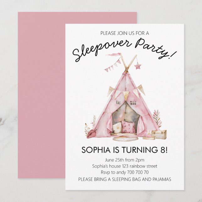 Girl Pajama Party Glamping Tält Sleepover Birthday Inbjudningar (Fram/baksida)