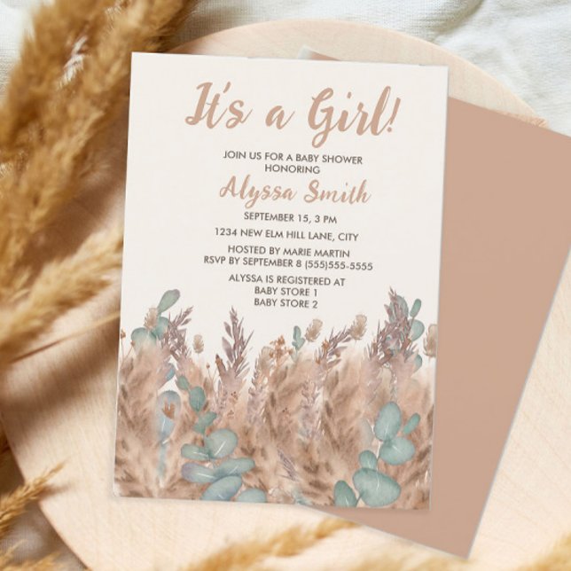 Girl Pampas Grass Boho Bohemian Desert Baby Shower Inbjudningar (Skapare uppladdad)
